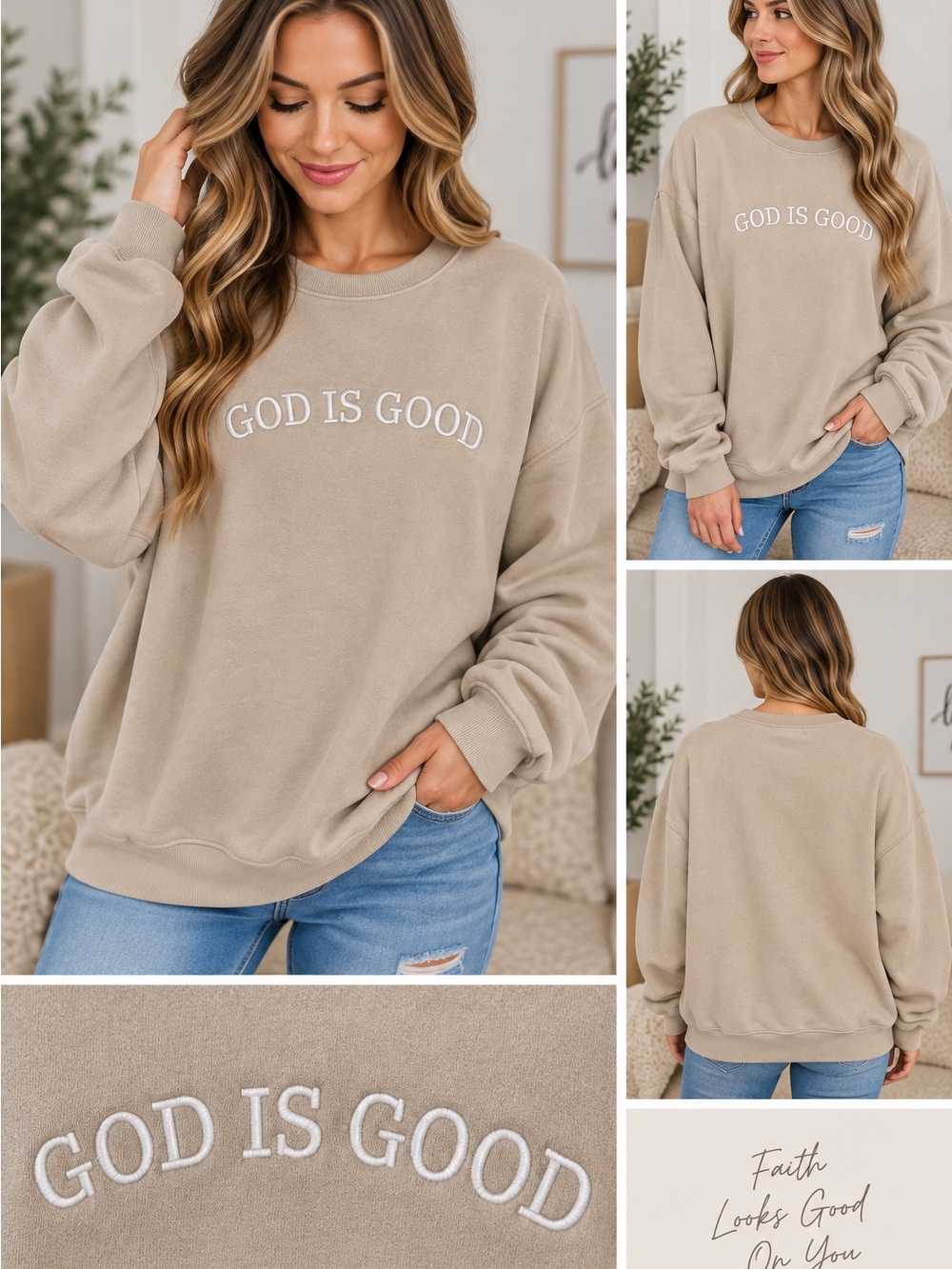 Jerzees Nublend “God Is Good” Beige Crewneck Sweatshirt Large NWT